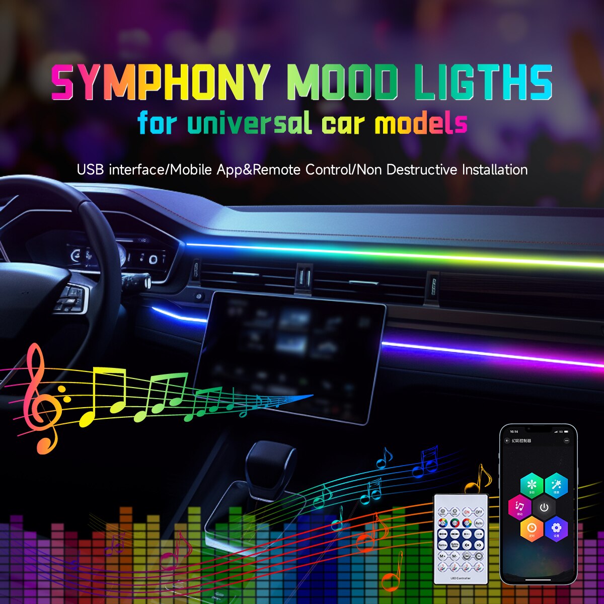 Led Ambient Interior Car Lights App Control - Автомобильный светодиодный окружающий свет USB 64
